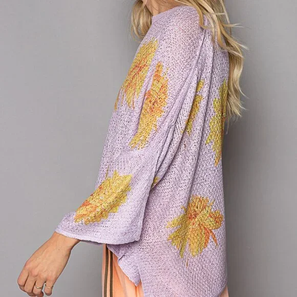 POL LILAC Round Neck Flower Print Solid Light Weight Sweater Top - Picture 3 of 5